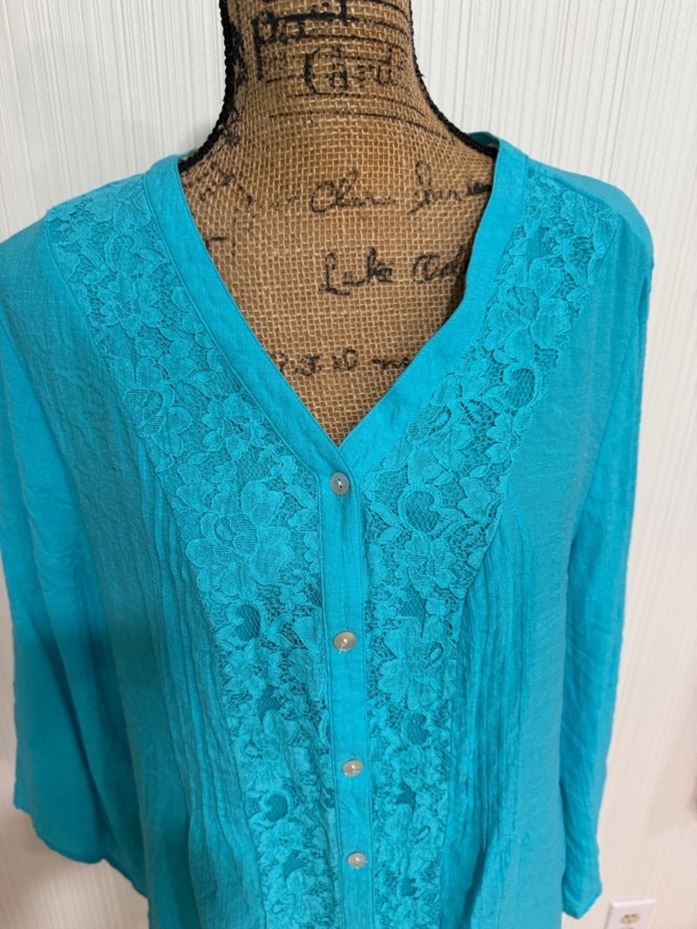 Notations Turquoise Lace-Front Button Shirt - Picture 3 of 15